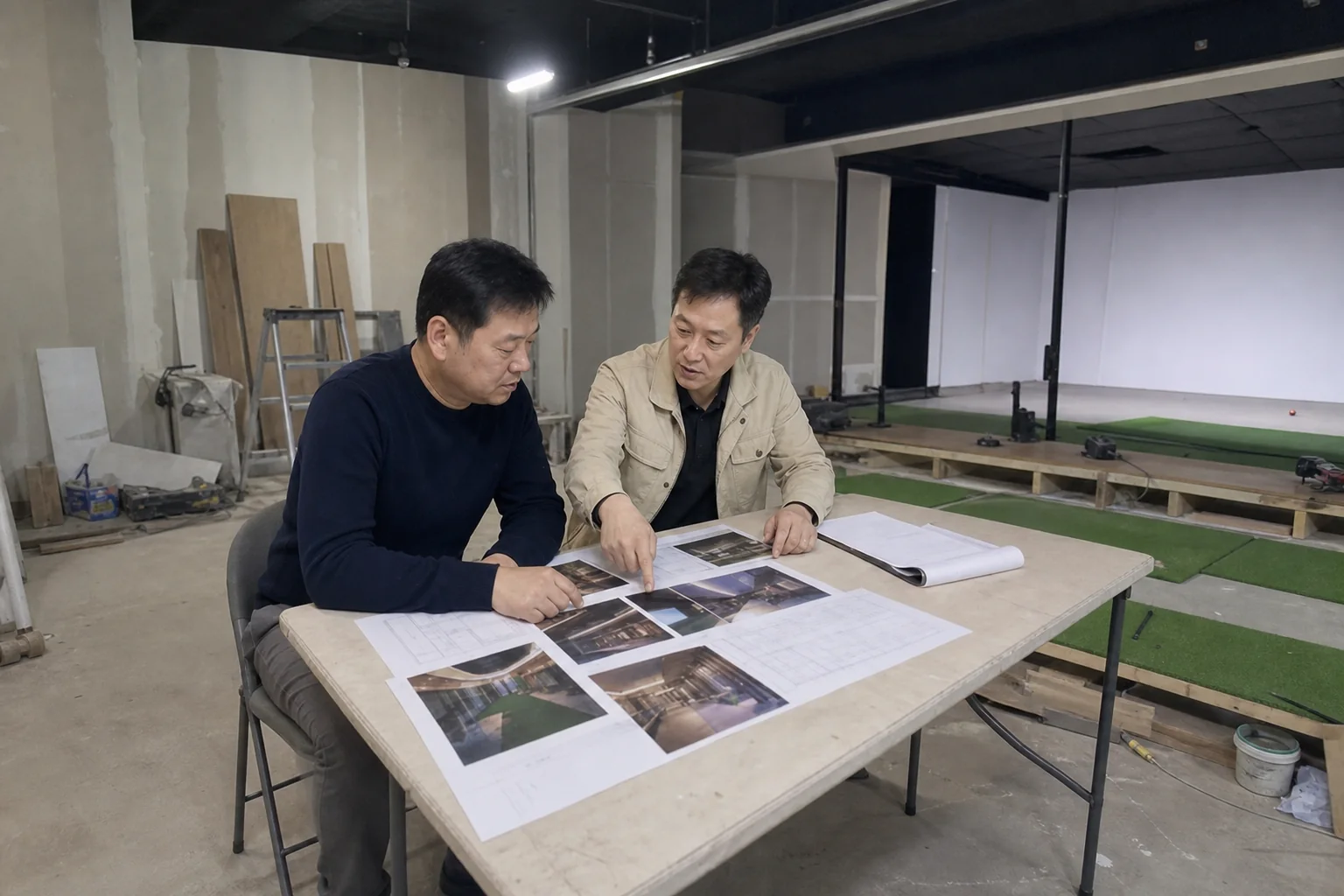 공사 중인 스크린골프 현장에서 업주와 담당자가 참고사진과 평면도를 함께 살펴보는 상담 연출 이미지