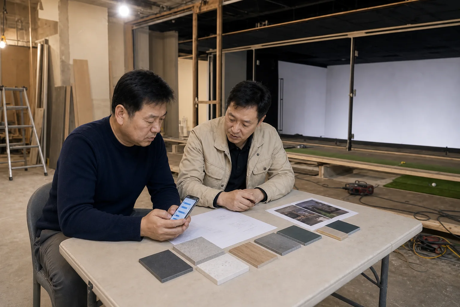 같은 업주와 담당자가 선택 자재와 견적 항목, 추상적인 스마트폰 체크 목록을 함께 확인하는 연출 이미지